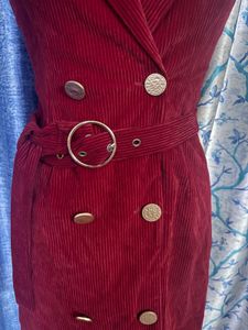 Chic Red Corduroy Double-Breasted Dress
