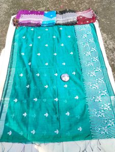 Elegant Teal Saree with White Floral Embroidery