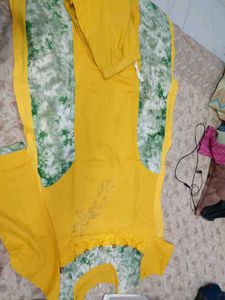 Yellow Kurta Set with Green Print