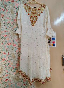 Off White linen embroidered flared kurta