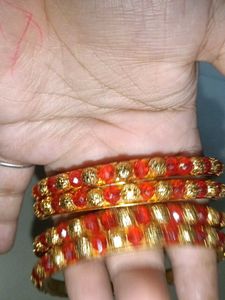 Red &amp; Gold Bangle Set with Peacock Kada