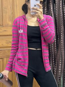Pink & Grey Striped Hoodie Jacket