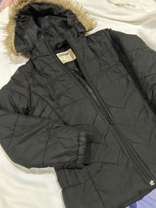 Black Puffer Jacket with Faux Fur detachable Hood