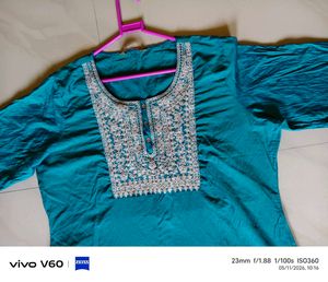Teal Kurti with Embellished Neckline