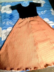 Elegant Black &amp; Peach Textured Flared Long Dress