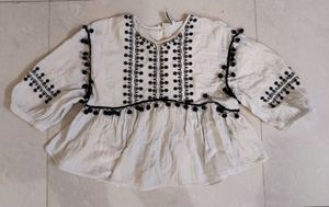 Embroidered White Kurta with Pom-Pom Trim