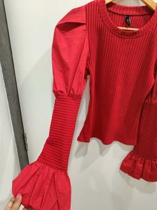 *New arrival*Red Puff Sleeve Ribbed Top