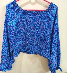 Blue Floral Smocked Square Neck Top
