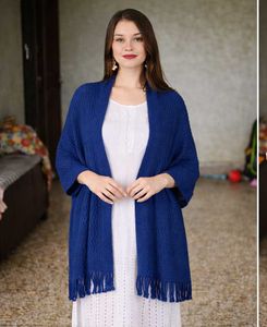 Elegant Blue Shawl with Fringe