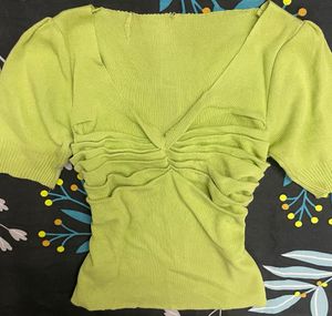 Lime Green Ruched V-Neck Top