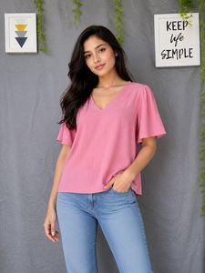 Pink V-Neck Puff Sleeve Top