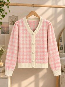 Pink Gingham Cardigan Sweater