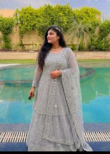 embroidered mirror work net lehnga choli with dupa