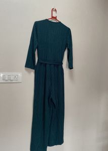 Teal Green Pinstripe Wrap Jumpsuit