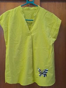 Vibrant Lime Yellow Top with Butterfly Embroidery