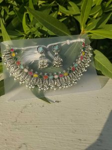 Boho Oxidized Silver Necklace &amp; Earrings