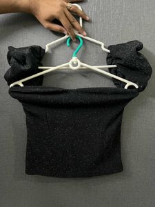 Elegant Dark Grey Sequin Puff Sleeve Top