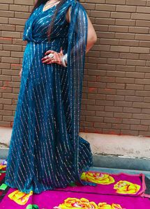 Elegant Blue Striped Ethnic Gown