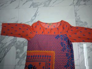 Orange Kurta with Blue Floral Print