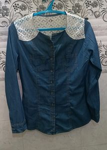 Boho Denim Shirt with Lace Shoulder Detail