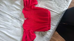 Red Pleated Top with Puff Sleeves