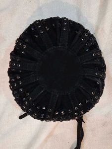 Black Beaded Drawstring Pouch Bag