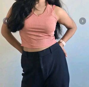 Women's Pink Ribbed Halter Neck Crop Top