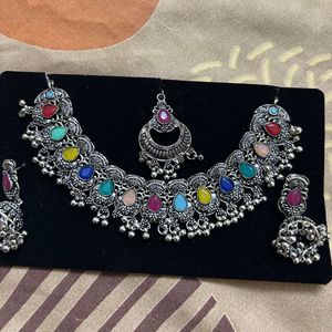 Multicolor oxidized silver set (Necklace, earrings