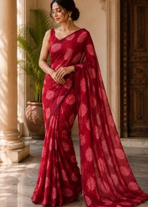 Elegant Red Leaf Print Saree