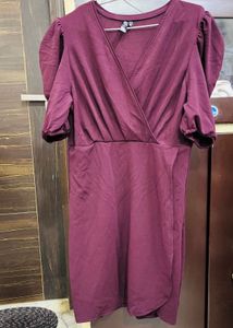 Burgundy Puff Sleeve Wrap Dress