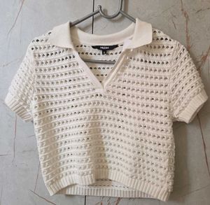 White Crochet Knit Polo Top