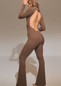 PrettyLittleThings Brown Ribbed Long Sleeve Jumpsu