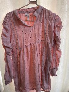 Pink polka dot ruched sleeve top