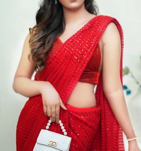 Elegant Red Sequin Saree With Blouse