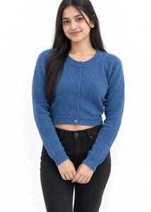 Blue Textured Cropped Sweater