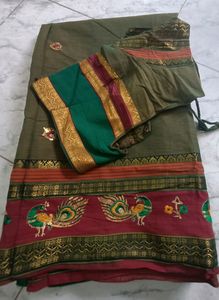 Olive Green Cotton Saree