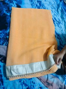 Peach Saree with Silver moti border