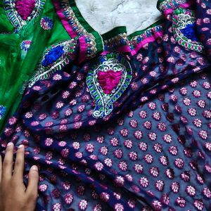 Elegant Navy Blue Saree with Pink Motifs