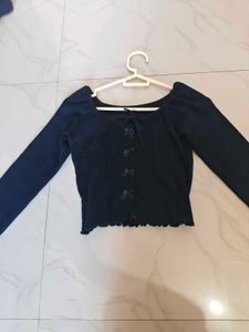 Cute Black Bow Detail Long Sleeve Top