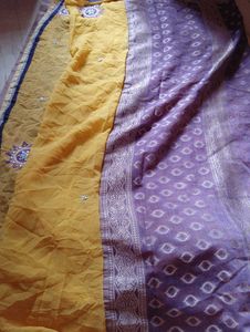 Embroidered Yellow and purplish Saree