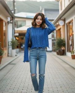 Fancy sleeves korean Blue Cable Knit Sweater