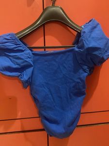 Blue Puff Sleeve Off-Shoulder Top