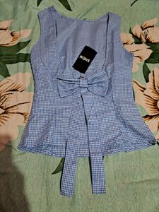 Shein Blue Gingham Sleeveless back bow Top
