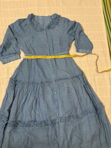 Blue Tiered Midi Dress with Ruffle Collar