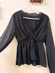 Sheer Black Dot Print Peplum Top