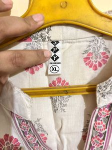 White Cotton Kurta with Pink Floral Print