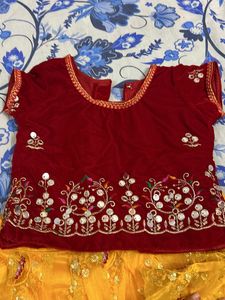 Red Velvet Choli With Yellow Net Lehnga