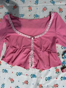 Cute Pink Lace Trim Peplum Top