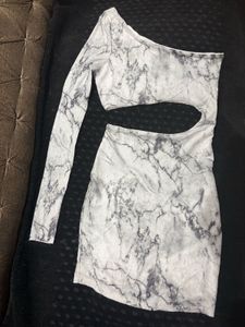 Marble Print Cut-Out One-Sleeve Dress