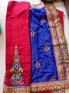 Blue & Red Embroidered Silk Saree